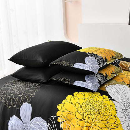7 Pieces King Yellow Black Comforter Set Bed in a Bag Floral Bedding Set Soft Microfiber Boho Comforter (1 Comforter 1 Flat Sheet 1 Fitted Sheet 2 Pillowshams 2 Pillowcases)