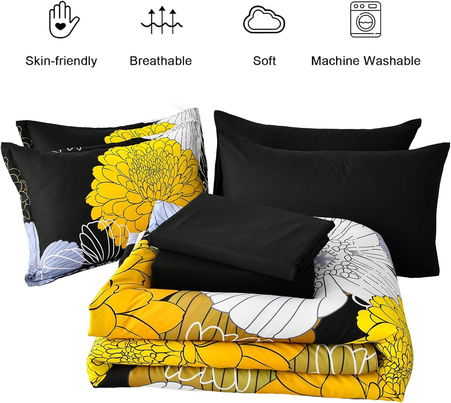 7 Pieces King Yellow Black Comforter Set Bed in a Bag Floral Bedding Set Soft Microfiber Boho Comforter (1 Comforter 1 Flat Sheet 1 Fitted Sheet 2 Pillowshams 2 Pillowcases)