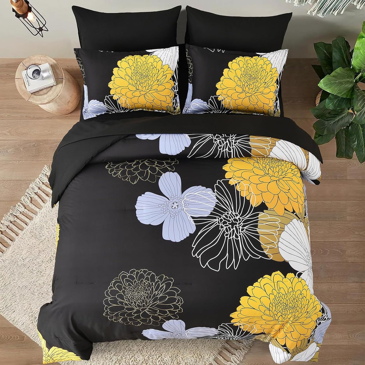 7 Pieces King Yellow Black Comforter Set Bed in a Bag Floral Bedding Set Soft Microfiber Boho Comforter (1 Comforter 1 Flat Sheet 1 Fitted Sheet 2 Pillowshams 2 Pillowcases)