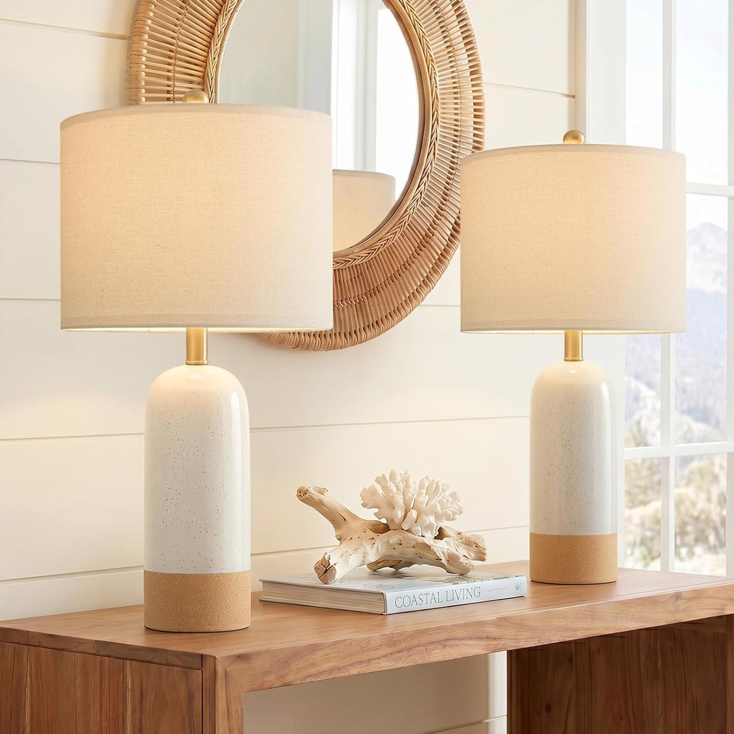 24'' White Ceramic Table Lamps Set of 2, Farmhouse Bedside Lamps for Bedroom, Modern Nightstand Lamps for Living Room, Boho Rustic Table Lamps for Office Entryway Hallway, White & Earthy Yellow