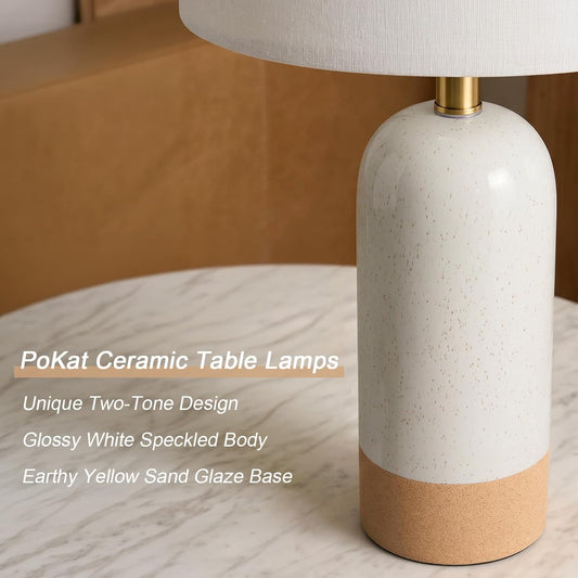 24'' White Ceramic Table Lamps Set of 2, Farmhouse Bedside Lamps for Bedroom, Modern Nightstand Lamps for Living Room, Boho Rustic Table Lamps for Office Entryway Hallway, White & Earthy Yellow