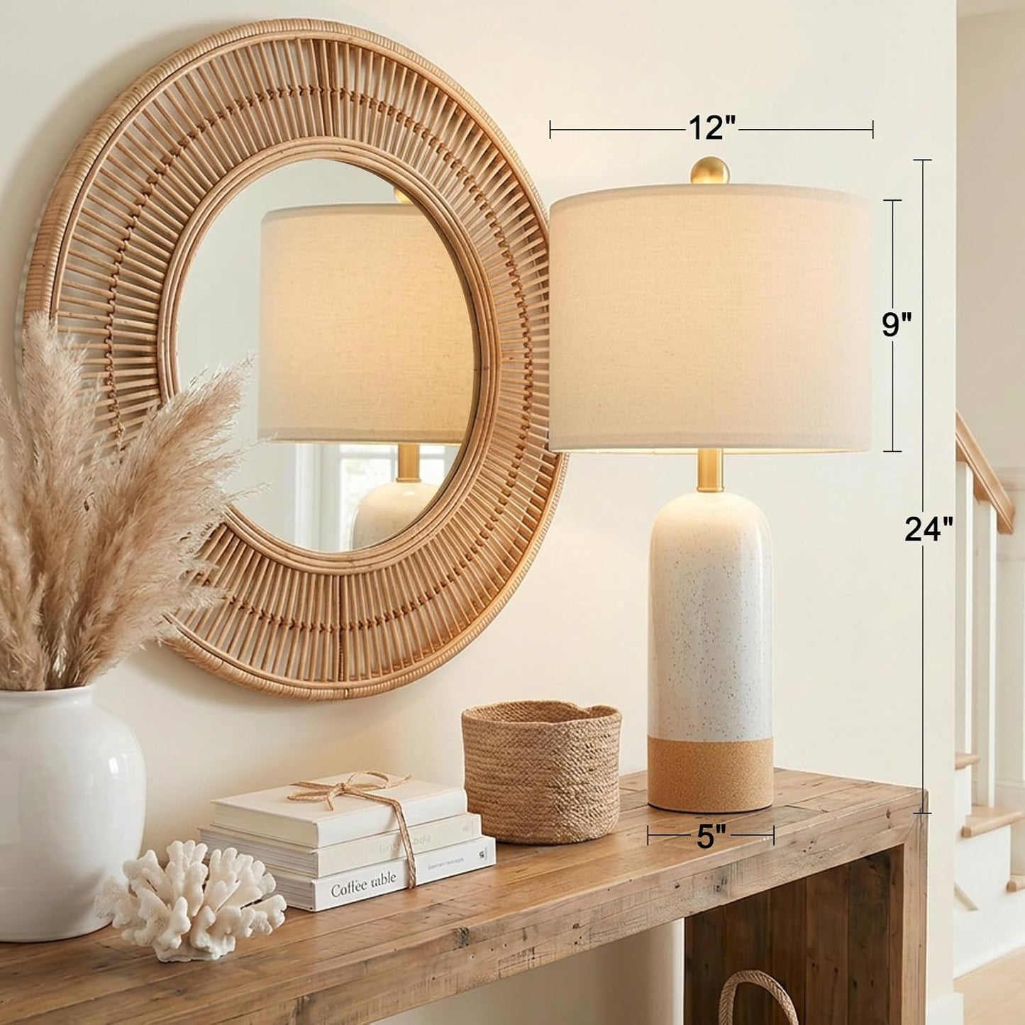 24'' White Ceramic Table Lamps Set of 2, Farmhouse Bedside Lamps for Bedroom, Modern Nightstand Lamps for Living Room, Boho Rustic Table Lamps for Office Entryway Hallway, White & Earthy Yellow