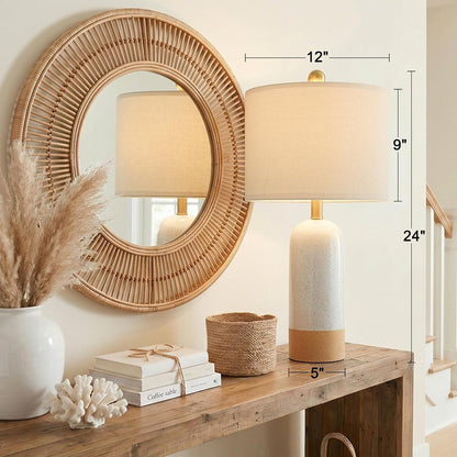 24'' White Ceramic Table Lamps Set of 2, Farmhouse Bedside Lamps for Bedroom, Modern Nightstand Lamps for Living Room, Boho Rustic Table Lamps for Office Entryway Hallway, White & Earthy Yellow