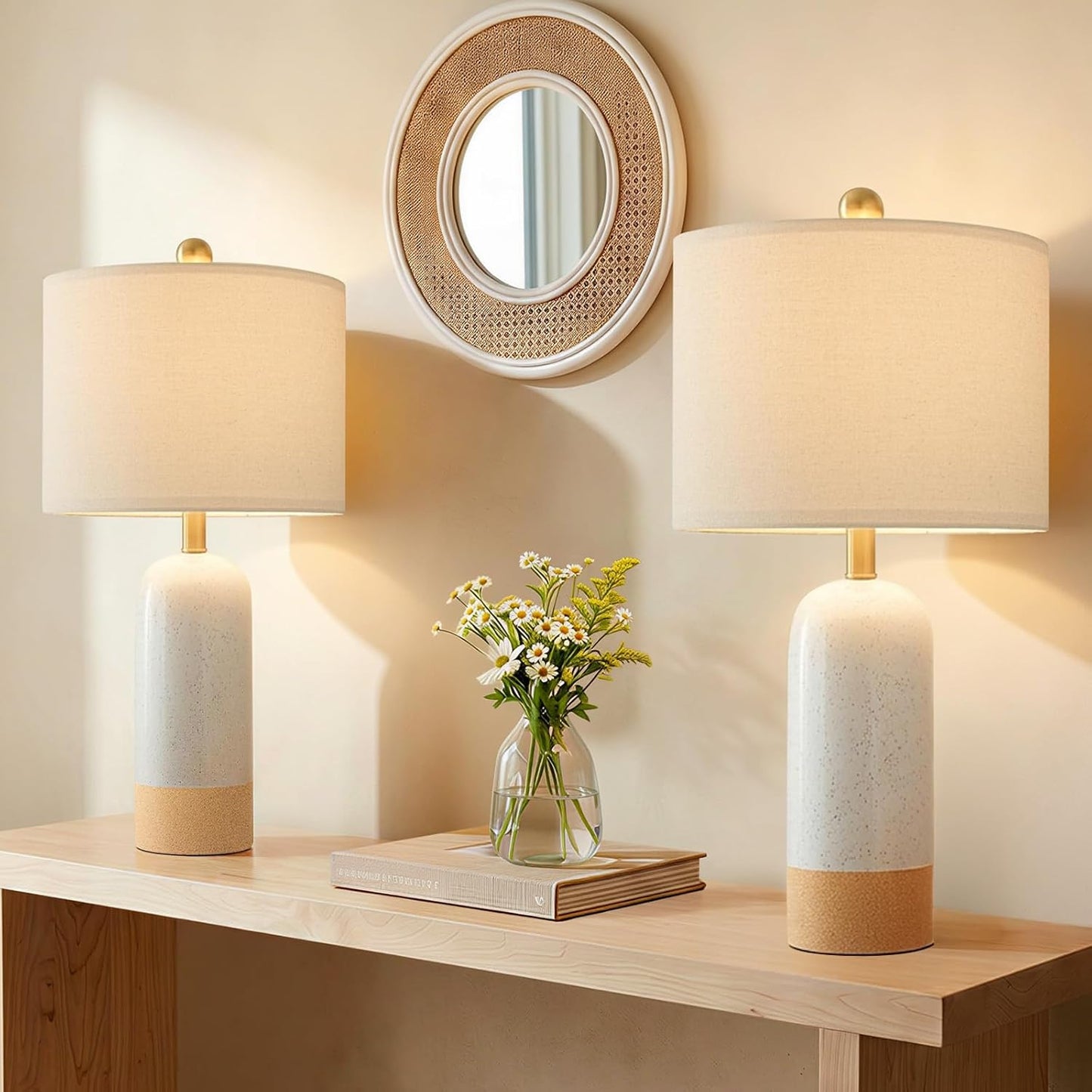 24'' White Ceramic Table Lamps Set of 2, Farmhouse Bedside Lamps for Bedroom, Modern Nightstand Lamps for Living Room, Boho Rustic Table Lamps for Office Entryway Hallway, White & Earthy Yellow