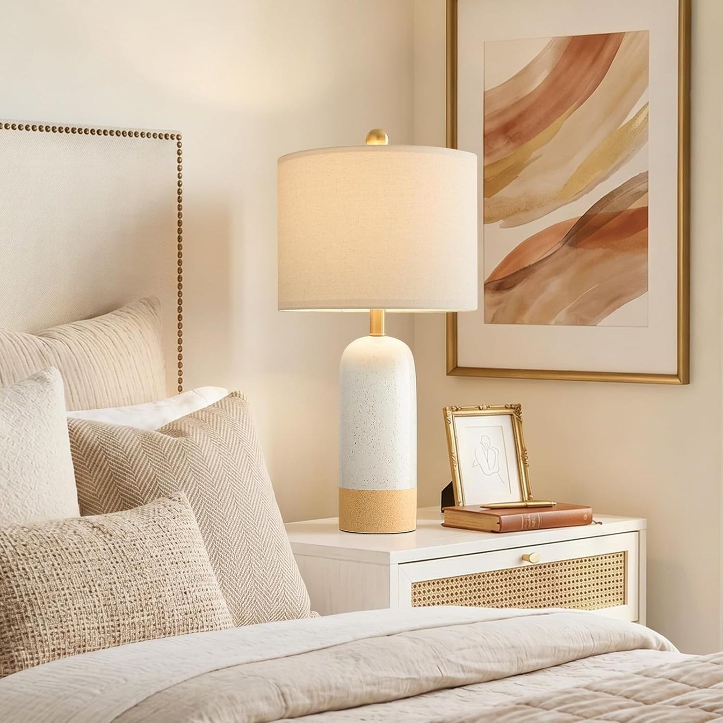 24'' White Ceramic Table Lamps Set of 2, Farmhouse Bedside Lamps for Bedroom, Modern Nightstand Lamps for Living Room, Boho Rustic Table Lamps for Office Entryway Hallway, White & Earthy Yellow