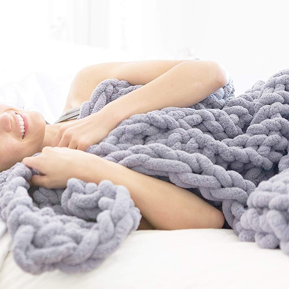 Chunky Knit Blanket Throw,Soft Chenille Yarn Throw,Handmade Thick Cable Knit Crochet Blanket, Large Rope Knot Throw Blanket for Couch Home Decor,Yellow,60 * 60 cm