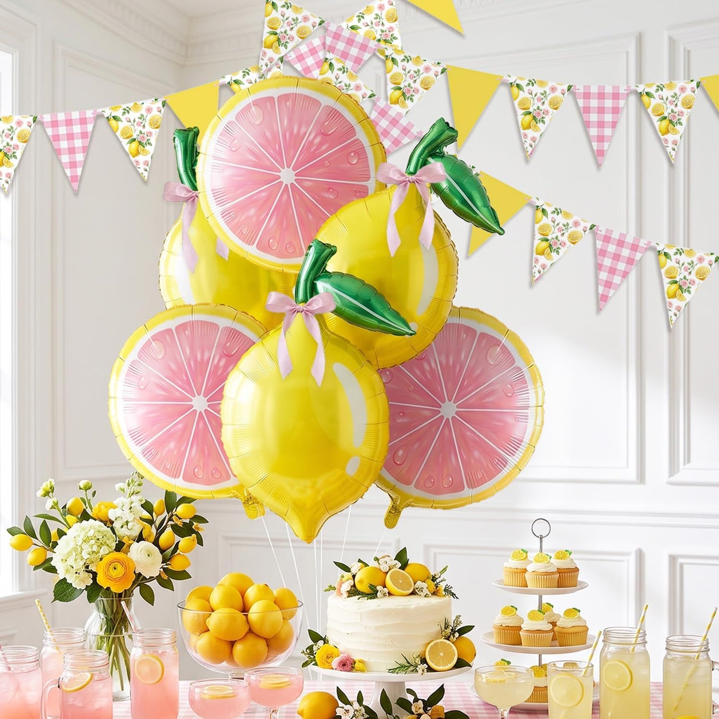 Lemon Balloon Party Decorations with Pink Lemon Balloons, Lemon Foil Balloons, Pink Bow Balloons & Lemon Banner, Pink Lemonade, Main Squeeze, Freshly 16, Freshly Twenty One, Lemon Birthday Party