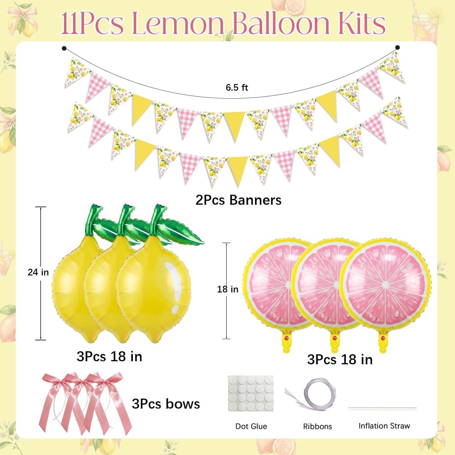 Lemon Balloon Party Decorations with Pink Lemon Balloons, Lemon Foil Balloons, Pink Bow Balloons & Lemon Banner, Pink Lemonade, Main Squeeze, Freshly 16, Freshly Twenty One, Lemon Birthday Party
