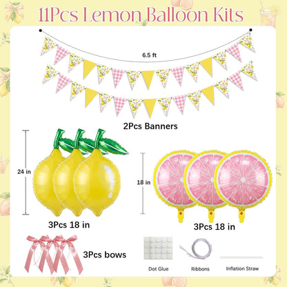 Lemon Balloon Party Decorations with Pink Lemon Balloons, Lemon Foil Balloons, Pink Bow Balloons & Lemon Banner, Pink Lemonade, Main Squeeze, Freshly 16, Freshly Twenty One, Lemon Birthday Party