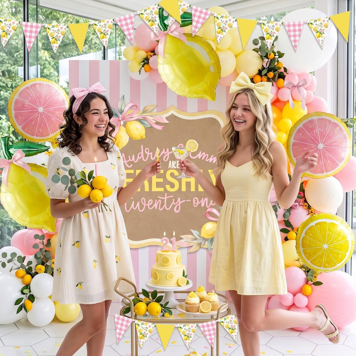 Lemon Balloon Party Decorations with Pink Lemon Balloons, Lemon Foil Balloons, Pink Bow Balloons & Lemon Banner, Pink Lemonade, Main Squeeze, Freshly 16, Freshly Twenty One, Lemon Birthday Party