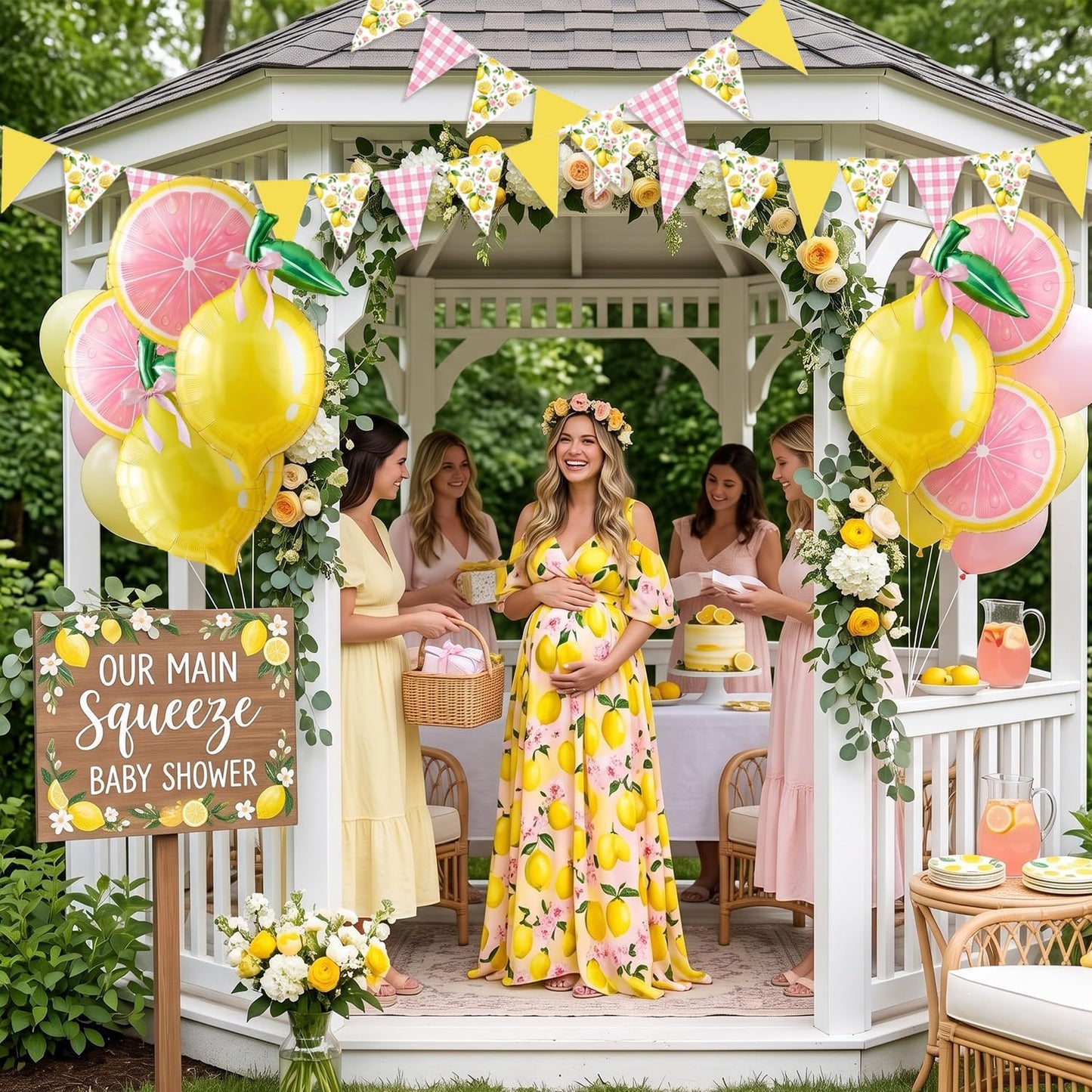 Lemon Balloon Party Decorations with Pink Lemon Balloons, Lemon Foil Balloons, Pink Bow Balloons & Lemon Banner, Pink Lemonade, Main Squeeze, Freshly 16, Freshly Twenty One, Lemon Birthday Party