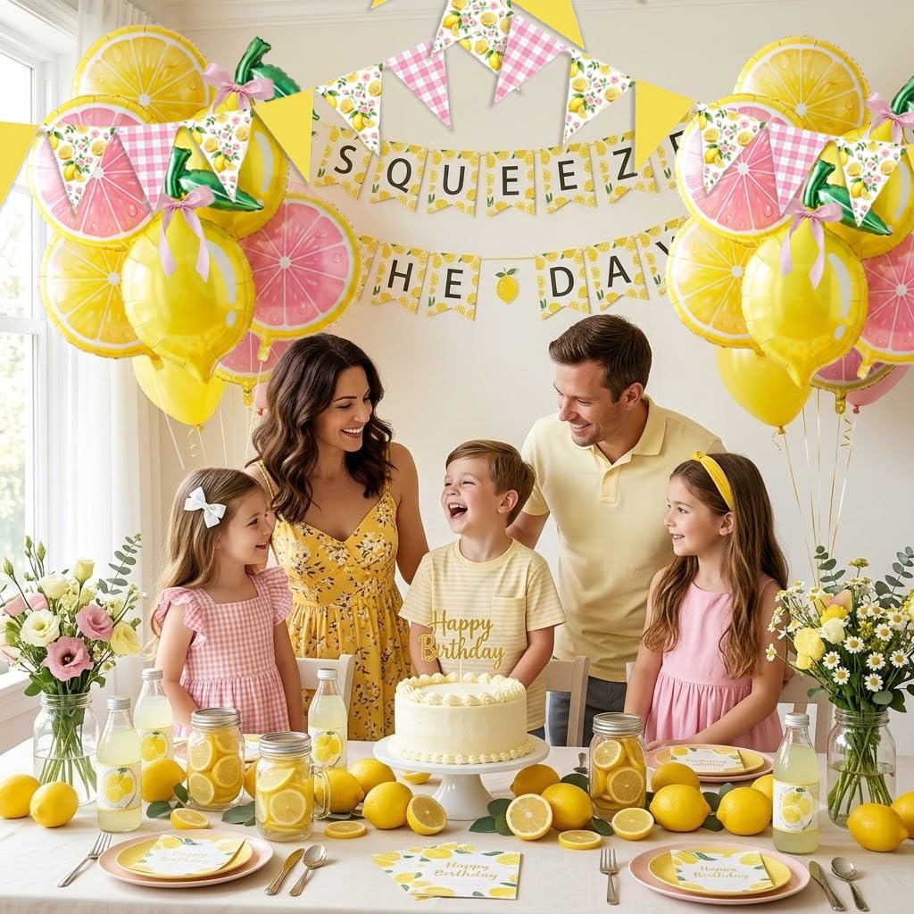 Lemon Balloon Party Decorations with Pink Lemon Balloons, Lemon Foil Balloons, Pink Bow Balloons & Lemon Banner, Pink Lemonade, Main Squeeze, Freshly 16, Freshly Twenty One, Lemon Birthday Party