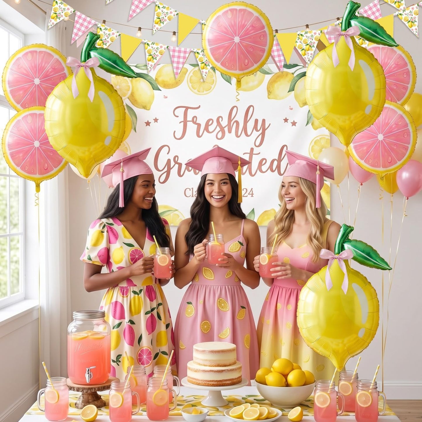 Lemon Balloon Party Decorations with Pink Lemon Balloons, Lemon Foil Balloons, Pink Bow Balloons & Lemon Banner, Pink Lemonade, Main Squeeze, Freshly 16, Freshly Twenty One, Lemon Birthday Party