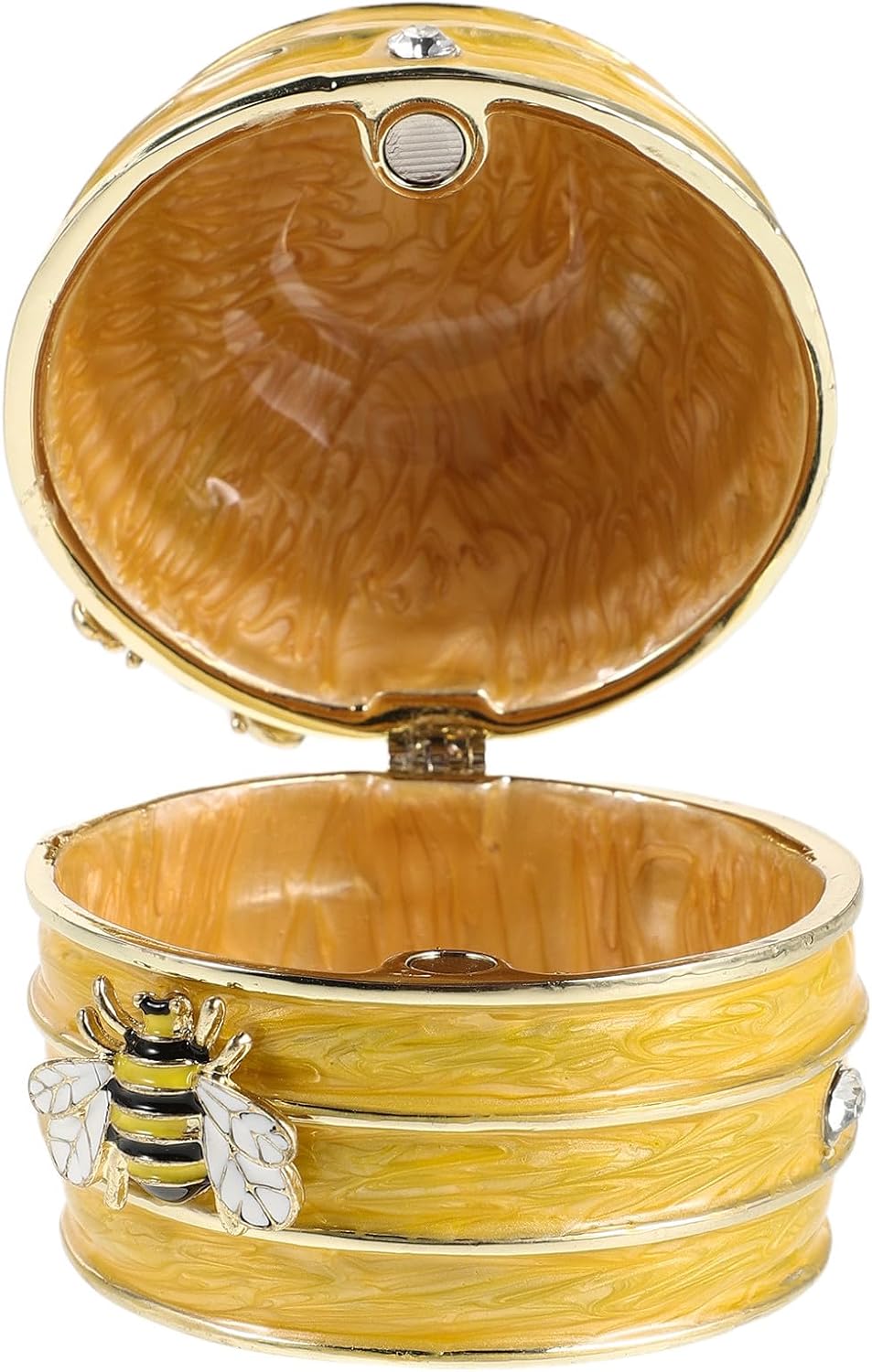 Handpainted Yellow Enamel Honeycomb Jewelry Box with Balanced Dampening and Easy Open Lid, Artistic Bee Design Trinket Storage for Rings and Necklaces, Dresser or Wedding Present