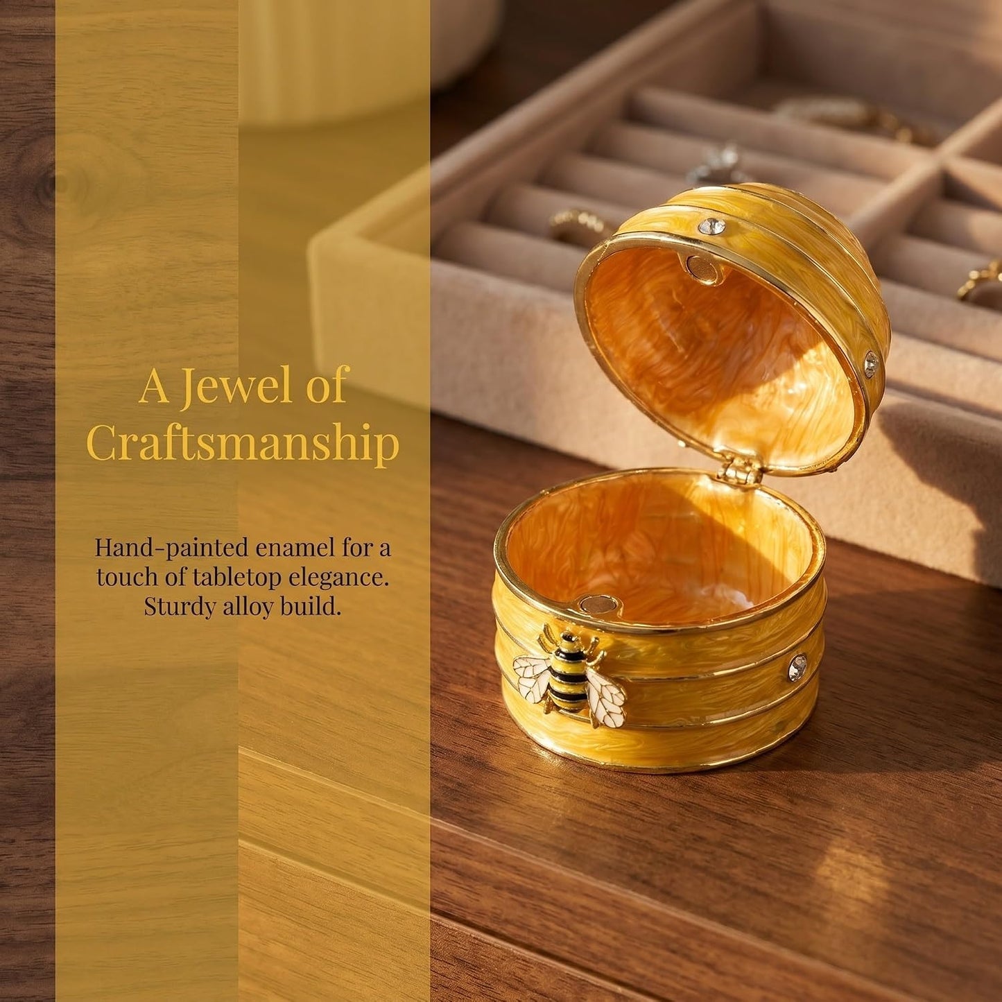 Handpainted Yellow Enamel Honeycomb Jewelry Box with Balanced Dampening and Easy Open Lid, Artistic Bee Design Trinket Storage for Rings and Necklaces, Dresser or Wedding Present