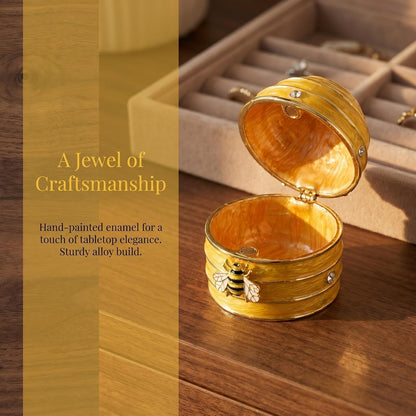 Handpainted Yellow Enamel Honeycomb Jewelry Box with Balanced Dampening and Easy Open Lid, Artistic Bee Design Trinket Storage for Rings and Necklaces, Dresser or Wedding Present
