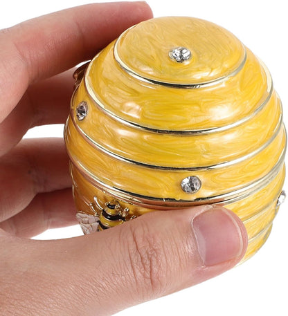 Handpainted Yellow Enamel Honeycomb Jewelry Box with Balanced Dampening and Easy Open Lid, Artistic Bee Design Trinket Storage for Rings and Necklaces, Dresser or Wedding Present