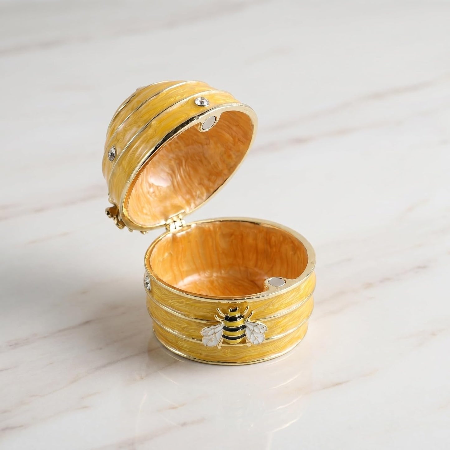Handpainted Yellow Enamel Honeycomb Jewelry Box with Balanced Dampening and Easy Open Lid, Artistic Bee Design Trinket Storage for Rings and Necklaces, Dresser or Wedding Present