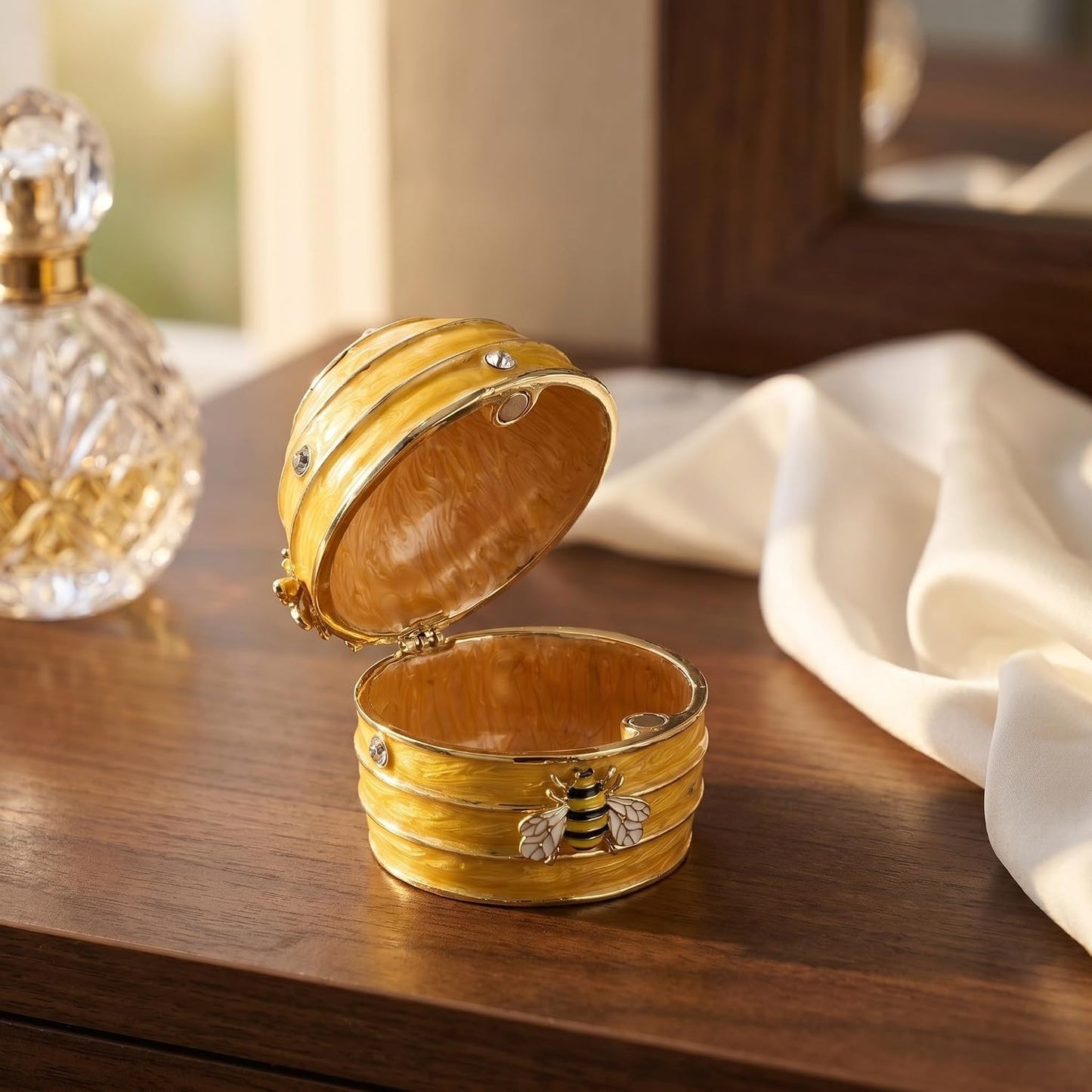 Handpainted Yellow Enamel Honeycomb Jewelry Box with Balanced Dampening and Easy Open Lid, Artistic Bee Design Trinket Storage for Rings and Necklaces, Dresser or Wedding Present