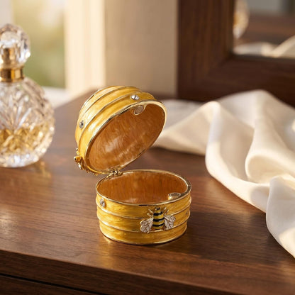 Handpainted Yellow Enamel Honeycomb Jewelry Box with Balanced Dampening and Easy Open Lid, Artistic Bee Design Trinket Storage for Rings and Necklaces, Dresser or Wedding Present