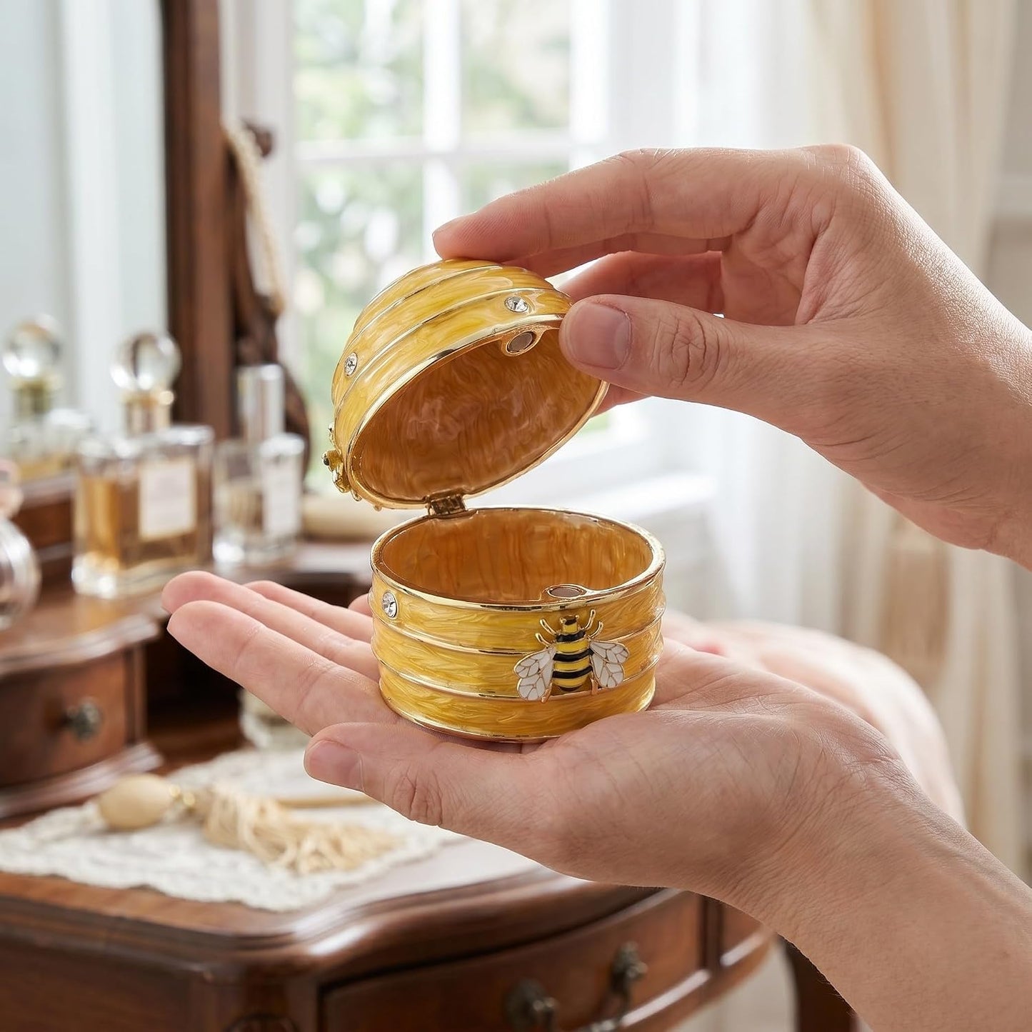 Handpainted Yellow Enamel Honeycomb Jewelry Box with Balanced Dampening and Easy Open Lid, Artistic Bee Design Trinket Storage for Rings and Necklaces, Dresser or Wedding Present