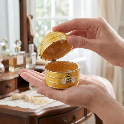 Handpainted Yellow Enamel Honeycomb Jewelry Box with Balanced Dampening and Easy Open Lid, Artistic Bee Design Trinket Storage for Rings and Necklaces, Dresser or Wedding Present