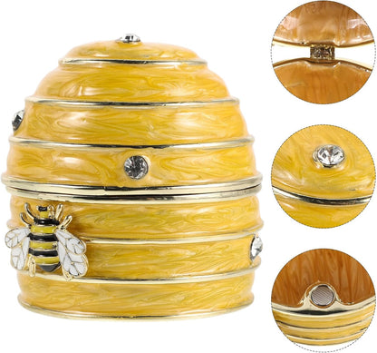 Handpainted Yellow Enamel Honeycomb Jewelry Box with Balanced Dampening and Easy Open Lid, Artistic Bee Design Trinket Storage for Rings and Necklaces, Dresser or Wedding Present