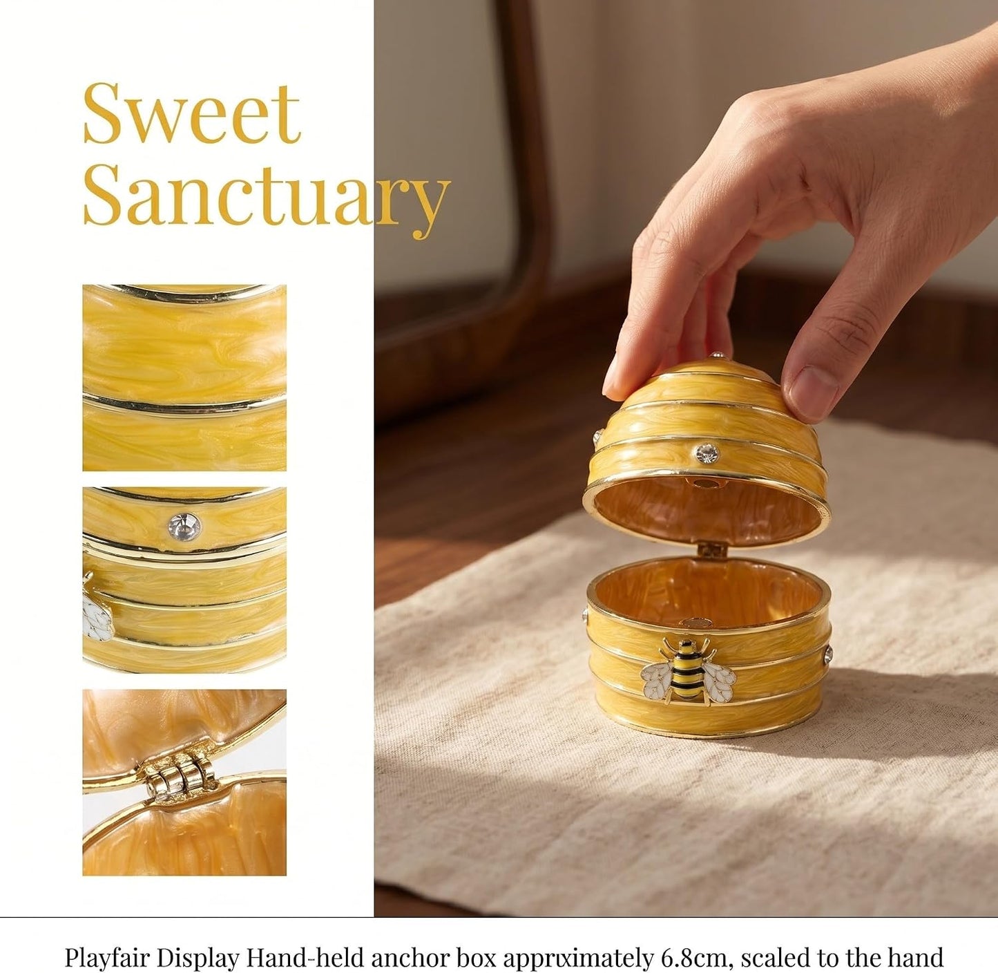 Handpainted Yellow Enamel Honeycomb Jewelry Box with Balanced Dampening and Easy Open Lid, Artistic Bee Design Trinket Storage for Rings and Necklaces, Dresser or Wedding Present