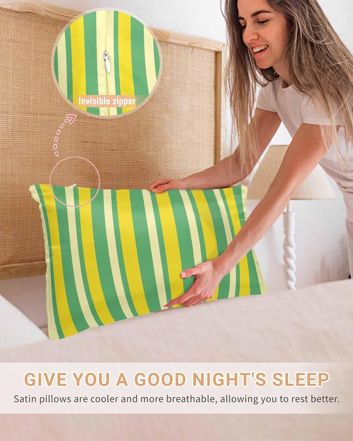 Lemon Green Yellow 2 Packs Bed Pillow Covers Standard Decorative, Throw Pillow Cases Breathable Bedding Pillowcase, Soft Stain Pillows Shams Zipper Closure Summer Modern Farmhouse Striped 20"x26"