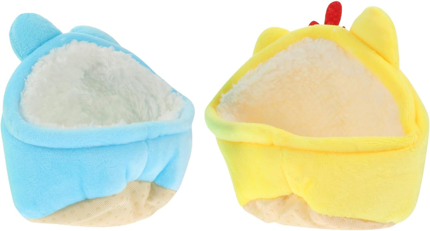 2pcs Small Pet Warm Nest Cotton Beds, Soft Hamster Hideout Cave for Winter, Blue and Yellow Cozy Resting House for Small Animals