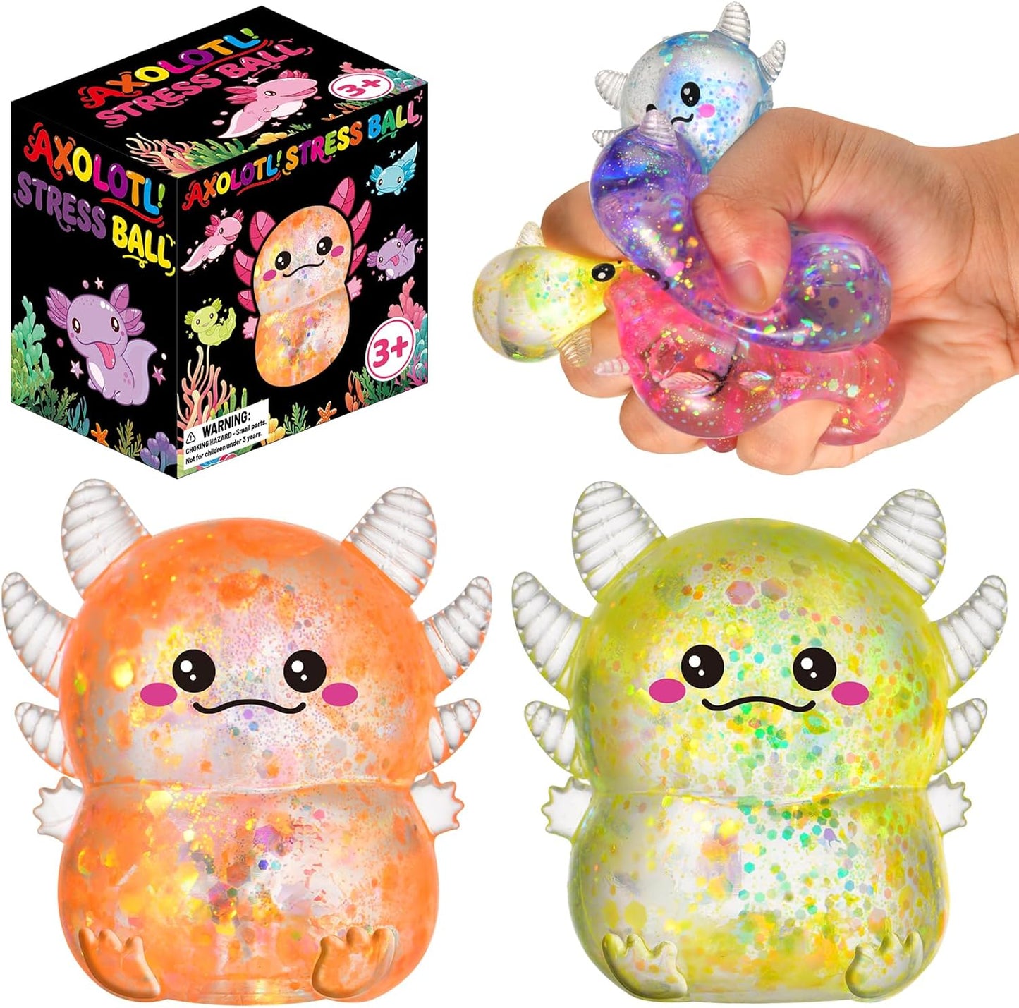 Axolotl Squishy Stress Ball Toy, 2PCS Cute Axolotl Slow Rising Stretchy Fidget Toys for Kids Boys Girls School Classroom Prizes Axolotl Party Favors Gifts (Orange & Yellow)