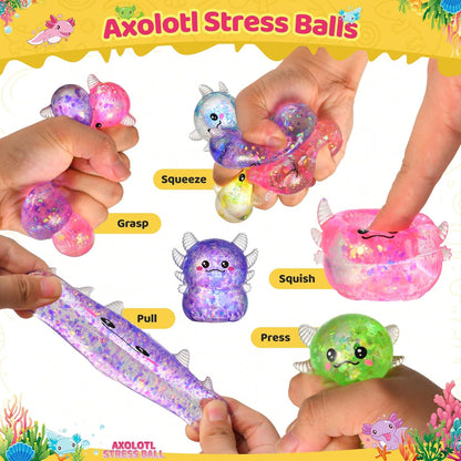 Axolotl Squishy Stress Ball Toy, 2PCS Cute Axolotl Slow Rising Stretchy Fidget Toys for Kids Boys Girls School Classroom Prizes Axolotl Party Favors Gifts (Orange & Yellow)
