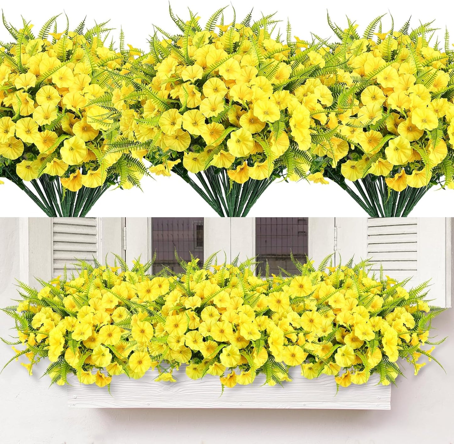 Artificial Flowers for Outdoors 12 Bundles Yellow Artificial Petunias Fake Flowers UV Resistant Shrubs Plants with Fern for Indoor Outside Home Garden Spring Summer Decorations