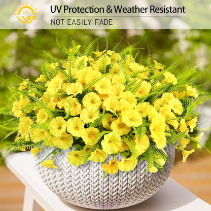 Artificial Flowers for Outdoors 12 Bundles Yellow Artificial Petunias Fake Flowers UV Resistant Shrubs Plants with Fern for Indoor Outside Home Garden Spring Summer Decorations
