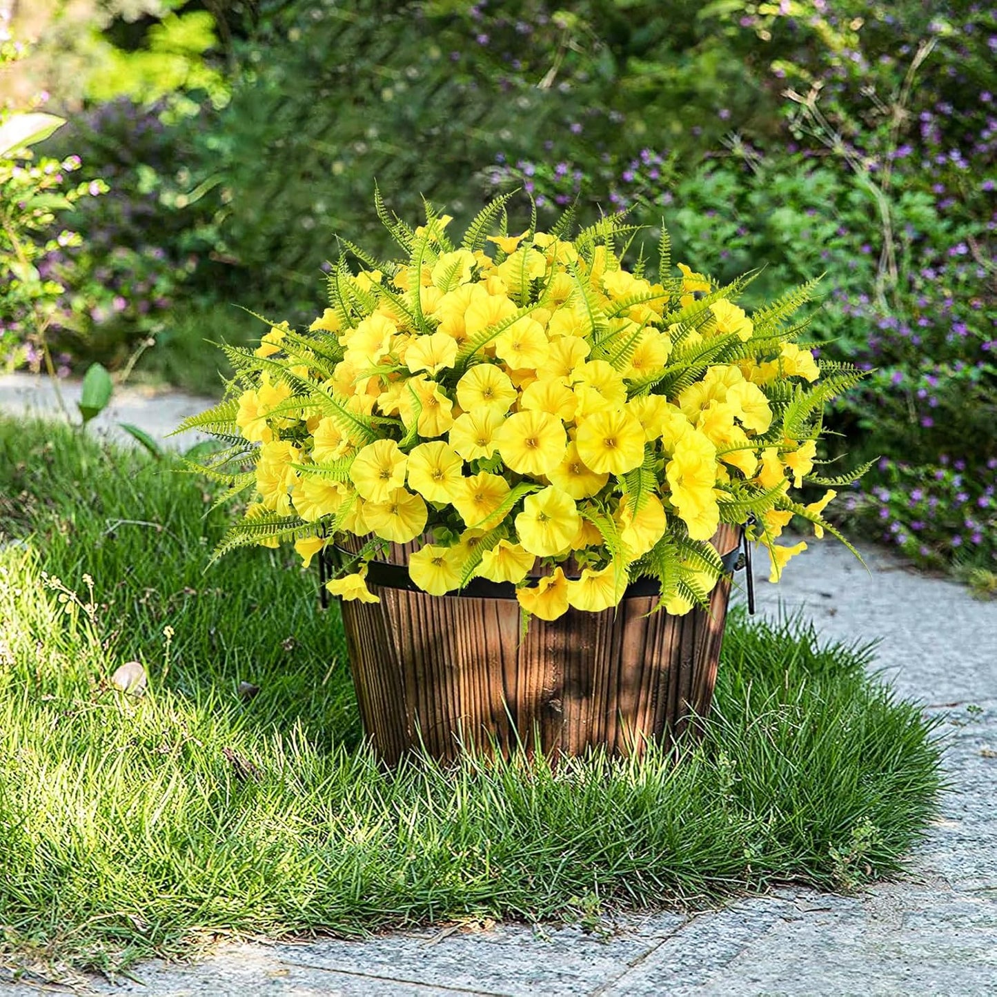 Artificial Flowers for Outdoors 12 Bundles Yellow Artificial Petunias Fake Flowers UV Resistant Shrubs Plants with Fern for Indoor Outside Home Garden Spring Summer Decorations