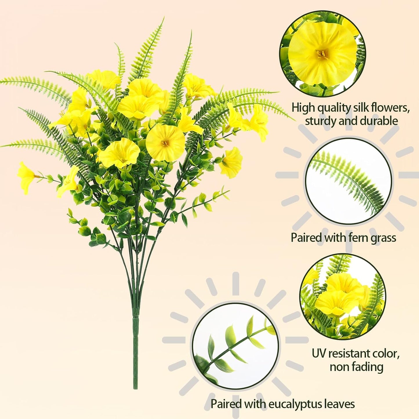 Artificial Flowers for Outdoors 12 Bundles Yellow Artificial Petunias Fake Flowers UV Resistant Shrubs Plants with Fern for Indoor Outside Home Garden Spring Summer Decorations