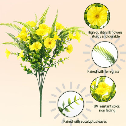Artificial Flowers for Outdoors 12 Bundles Yellow Artificial Petunias Fake Flowers UV Resistant Shrubs Plants with Fern for Indoor Outside Home Garden Spring Summer Decorations