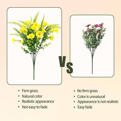 Artificial Flowers for Outdoors 12 Bundles Yellow Artificial Petunias Fake Flowers UV Resistant Shrubs Plants with Fern for Indoor Outside Home Garden Spring Summer Decorations