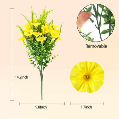 Artificial Flowers for Outdoors 12 Bundles Yellow Artificial Petunias Fake Flowers UV Resistant Shrubs Plants with Fern for Indoor Outside Home Garden Spring Summer Decorations