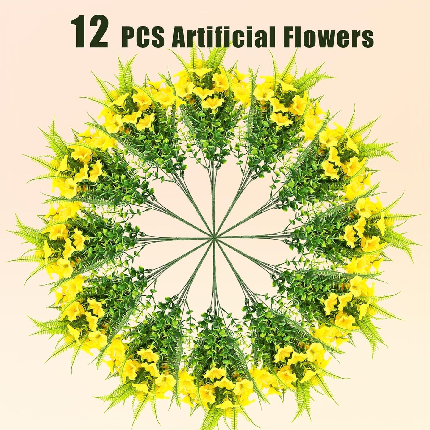 Artificial Flowers for Outdoors 12 Bundles Yellow Artificial Petunias Fake Flowers UV Resistant Shrubs Plants with Fern for Indoor Outside Home Garden Spring Summer Decorations