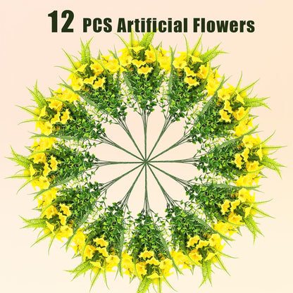 Artificial Flowers for Outdoors 12 Bundles Yellow Artificial Petunias Fake Flowers UV Resistant Shrubs Plants with Fern for Indoor Outside Home Garden Spring Summer Decorations