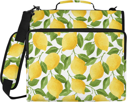 Zipper Binder Yellow Lemon Green Leaf Botanical Summer Fruit Bag with Shoulder Strap 3 Ring Binder Organizer Large Capacity Multiple Pockets for School Office