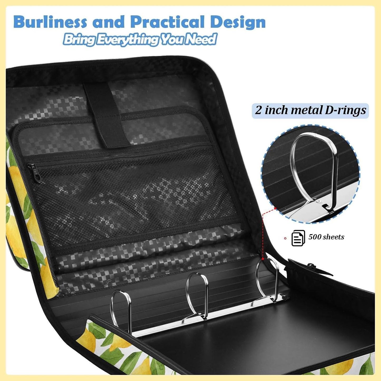Zipper Binder Yellow Lemon Green Leaf Botanical Summer Fruit Bag with Shoulder Strap 3 Ring Binder Organizer Large Capacity Multiple Pockets for School Office