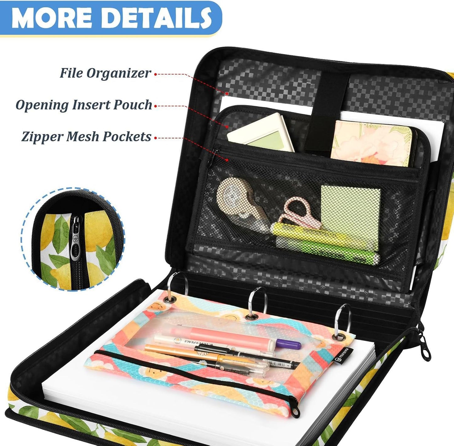 Zipper Binder Yellow Lemon Green Leaf Botanical Summer Fruit Bag with Shoulder Strap 3 Ring Binder Organizer Large Capacity Multiple Pockets for School Office