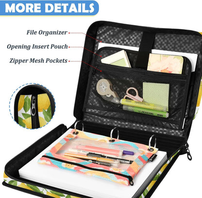 Zipper Binder Yellow Lemon Green Leaf Botanical Summer Fruit Bag with Shoulder Strap 3 Ring Binder Organizer Large Capacity Multiple Pockets for School Office