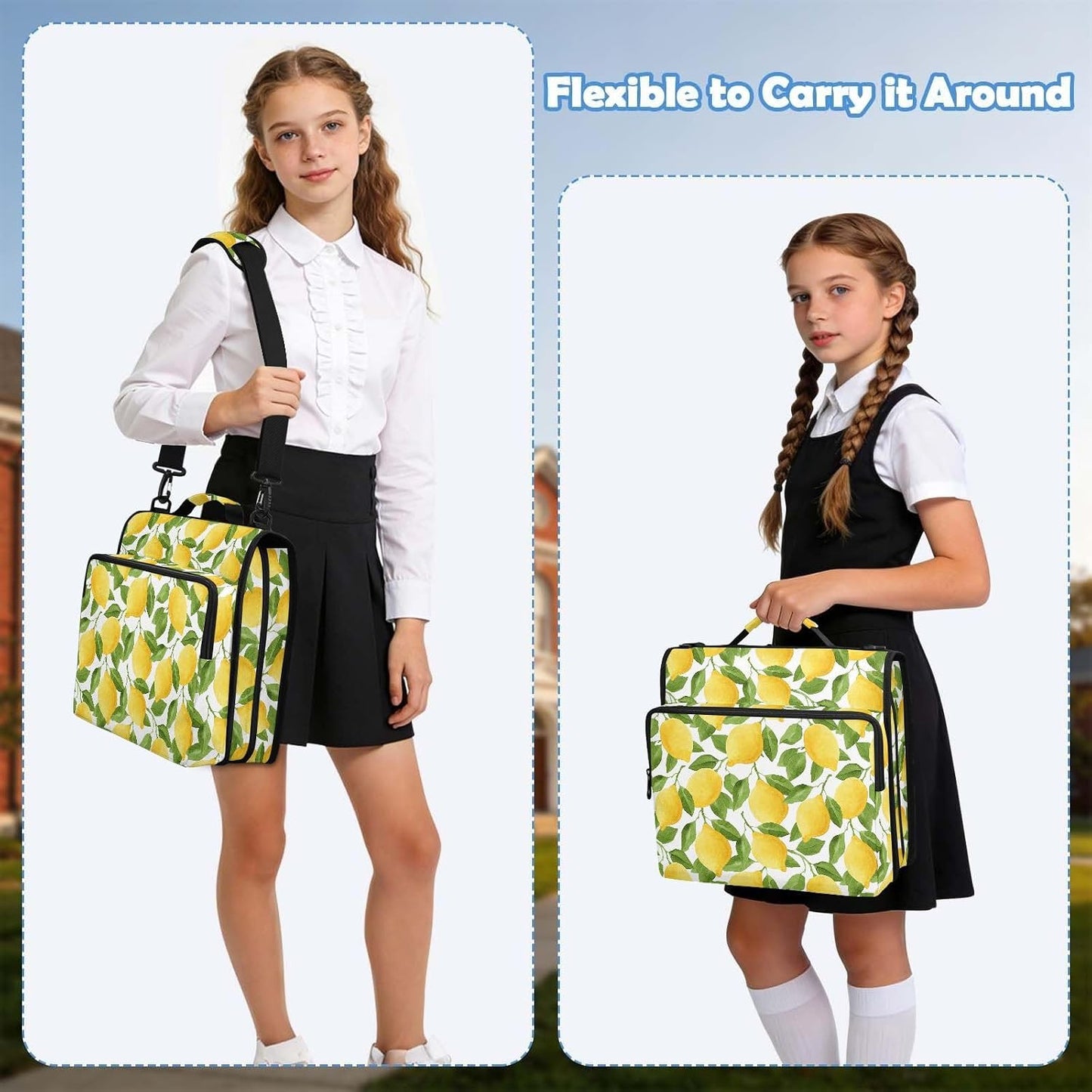 Zipper Binder Yellow Lemon Green Leaf Botanical Summer Fruit Bag with Shoulder Strap 3 Ring Binder Organizer Large Capacity Multiple Pockets for School Office