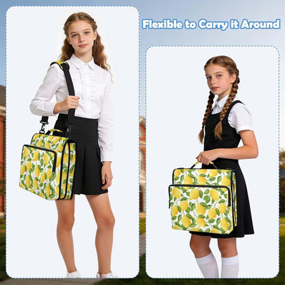 Zipper Binder Yellow Lemon Green Leaf Botanical Summer Fruit Bag with Shoulder Strap 3 Ring Binder Organizer Large Capacity Multiple Pockets for School Office