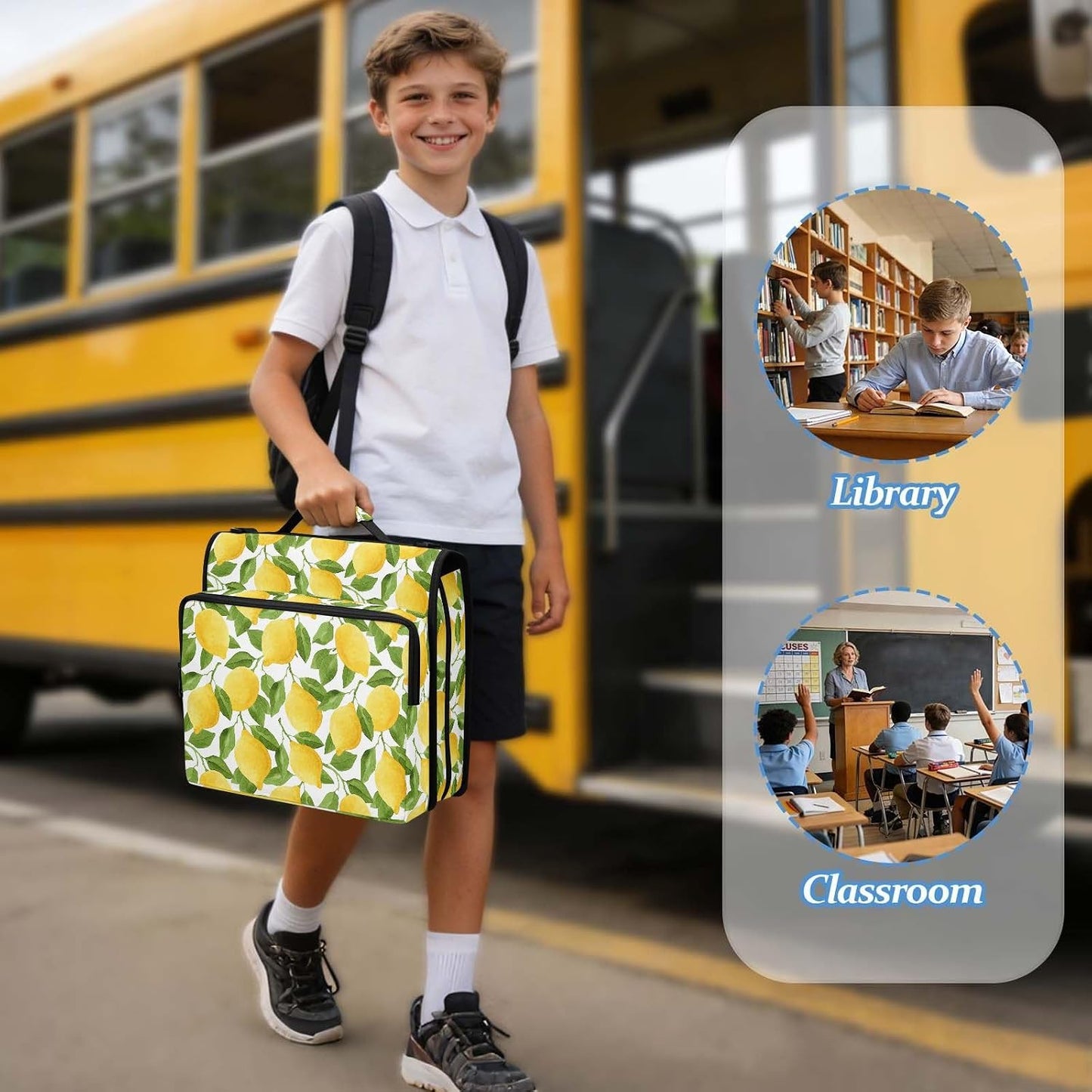 Zipper Binder Yellow Lemon Green Leaf Botanical Summer Fruit Bag with Shoulder Strap 3 Ring Binder Organizer Large Capacity Multiple Pockets for School Office