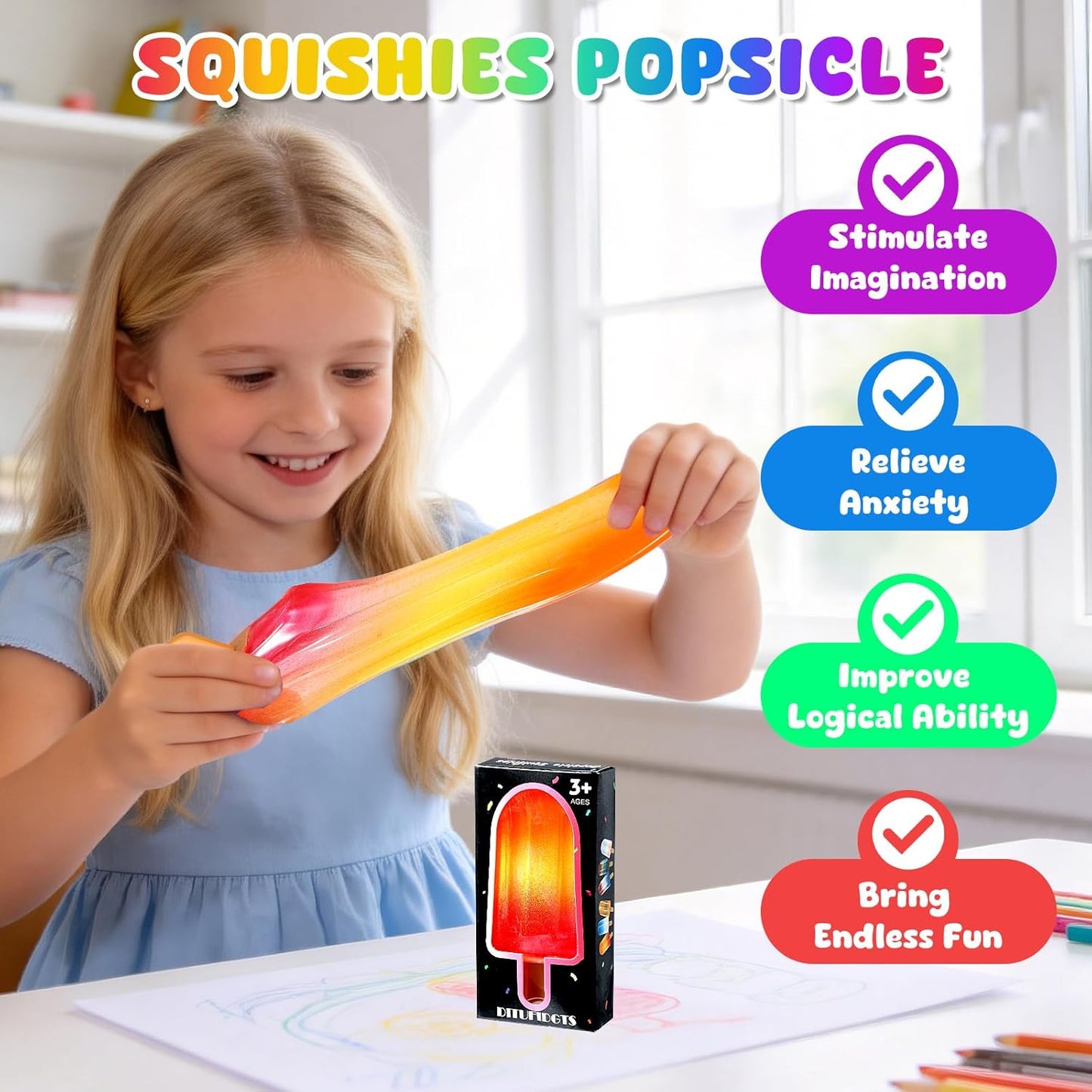 Ice Cream Squeeze Squishy (Yellow Purple Blue) | Slow Rising Sensory Travel Squishies for Stress Relief Anxiety, Party Favors Birthday Gift for Kids Adults