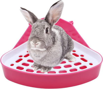 Rabbit Litter Box Toilet Bunny Corner Potty for Guinea Pigs, Pink | Sturdy plastic, 9.45"x7.09"x4.33" pan, scalloped splash guard, mesh drop-through design, easy rinse-clean, for small animal
